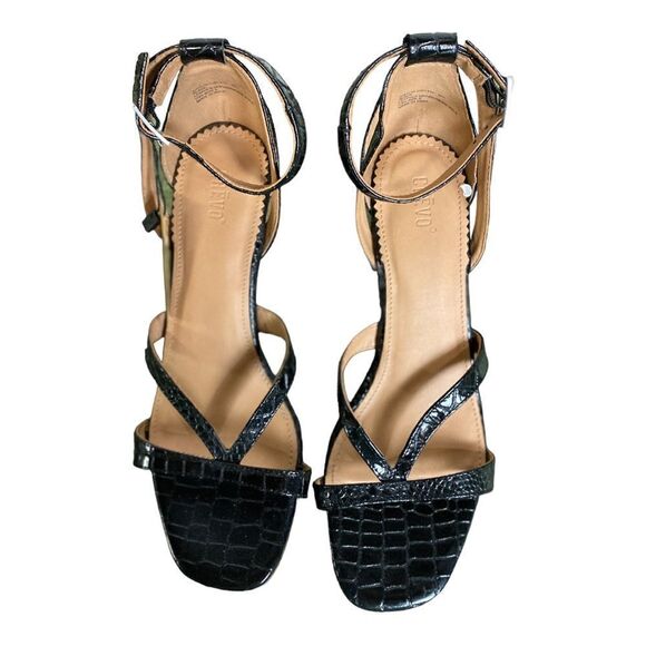 #90 CREVO Kaitlyn 80Snakeskin Black Chunky Heel Sandals - Picture 3 of 11